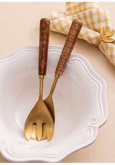 The Mia Wood Salata Servis Takımı 2 Parça Gold