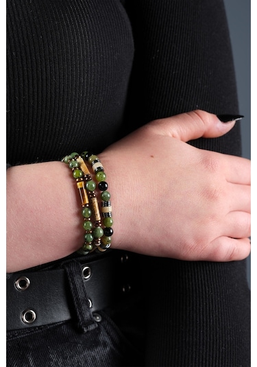 Ssilhoutte Doğaltaş Sertifikalı Yeşim Taşı Kaplangözü Ve Akik Kadın&erkek Set Doğal Taş Bileklik Yeşil