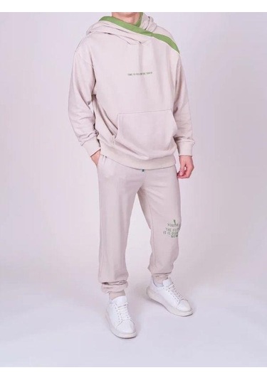 Çocuk 2 İplik Kumaş Pamuklu Sırtı Yazı Detaylı Kapüşonlu Tasarım Sweatshirt-13541 Bej