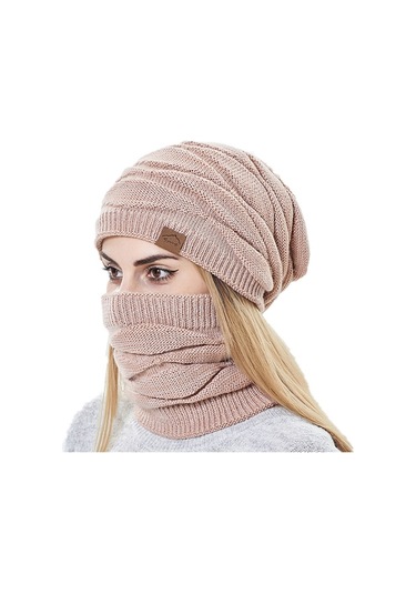 Kadınlar İçin Şık Ve Sıcak Kışlık Bere Şapka Atkı Seti, Soğuk Havalara Özel Kombin Pembe