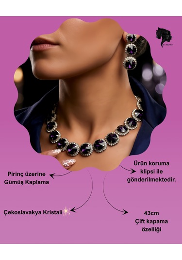 Riviere Kristal Taşlı Çiçek Model Mor Renkli Kolye Küpe Set