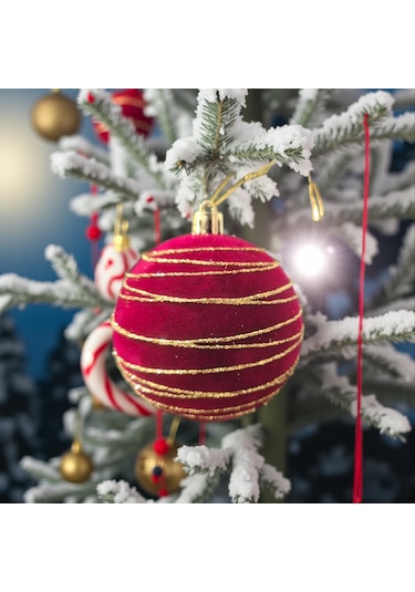Yılbaşı Topu 10cm Kadife Bordo Altın Şeritli 3lü Ast7449 001