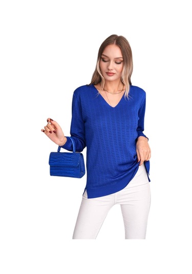 Kadın V Yaka Simli Kazak 12809 Bgl-st04106 Saks Mavi