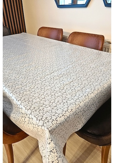 Dantel Görünümlü Üstü Şeffaf Kaplı Muşamba Masa Örtüsü -beyaz Renk-çiçek-farklı Ölçülerde Beyaz