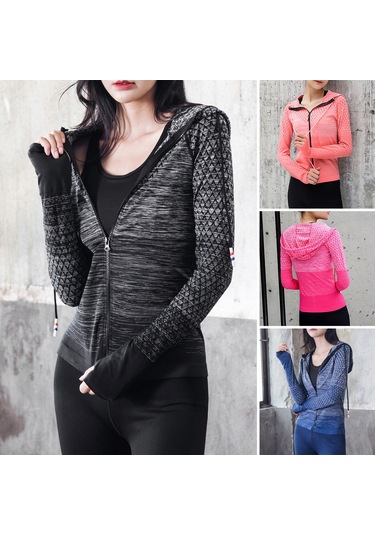 Geeroyoo Kadın Spor Montu, Hoodlu, Ceket, Parmak Delikli, Dokuma Desenli, İç Ve Dışarı Aktiviteler İçin, Slim Fit, Mavi, Asya Bedeni M Dp-wt002