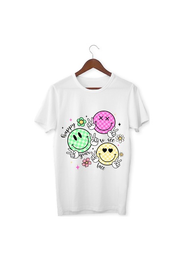 Gülücüklü Tişört Happy Face T-shirt Smile Tişört Beyaz Çocuk Ve Yetişkin T-shirt Beyaz