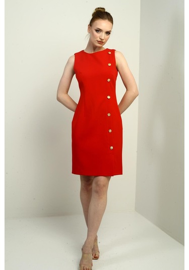 Kadın Kendinden Telalı Yan Düğmeli Kısa Elbise-40797 Kırmızı