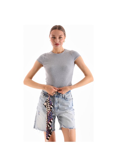 Kadın Likralı Kısa Kol Crop Bluz Gri