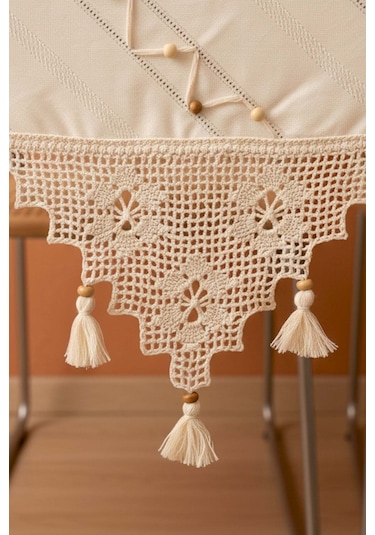 Boncuk Detaylı Güpürlü Kare Runner 90x90 Cm Krem