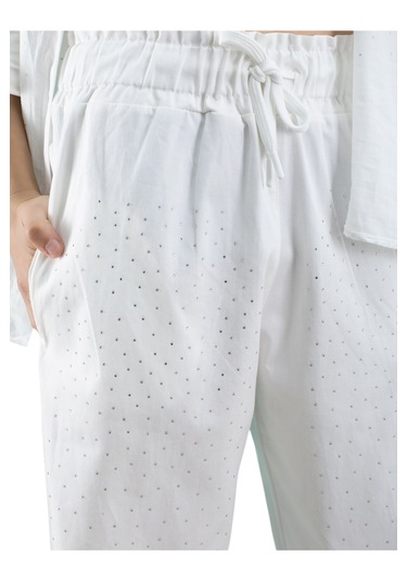 Kız Çocuk Taş Detaylı Beli Lastikli Ekru Renk Oversize Pantolon