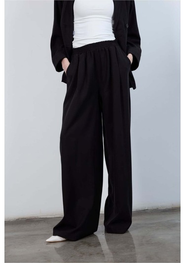 Kadın Keten Rahat Kesim Ceket Pantolon Alt-üst Takım Siyah