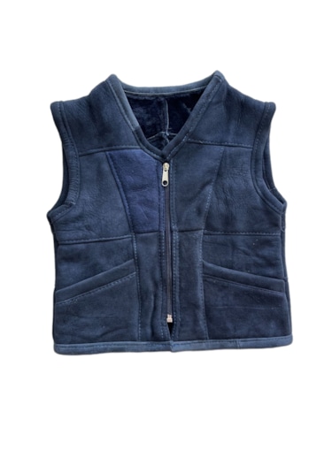 Patchwork İçi Kürk-dışı Süet Gerçek Deri Çocuk Yelek Lacivert