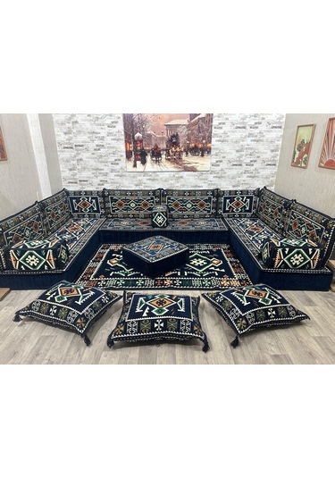 Coton Şark Köşesi Otantik Desenli Lüks Minder Takımı Konsept Lacivert