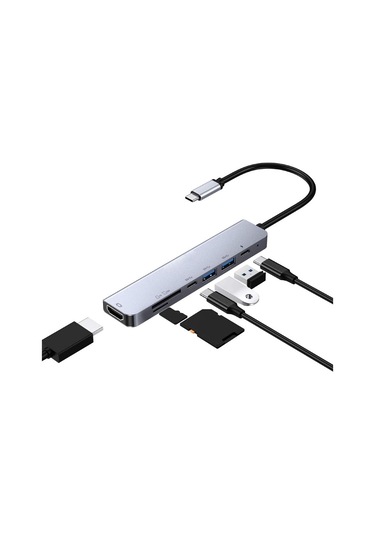 7'si 1 Arada Type-c - Hdmı + Sd/tf + 2 X Type-c + 2 X Usb3.0 Çok İşlevli Ayırıcı Adaptörü