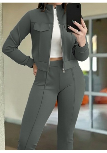 S-pazarım Kadın Uzun Kollu Önden Fermuarlı Kısa Modal Ceket Ve Pantolon Ikili Takım Yeşil