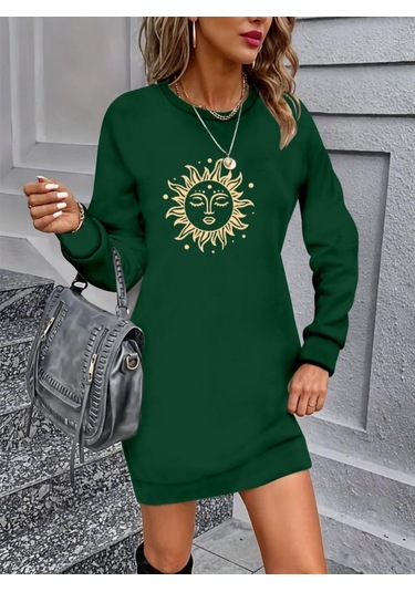 Kadın Uzun Kollu Bisiklet Yaka Güneş Desenli Viskon Iki Iplik Elbise Yeşil