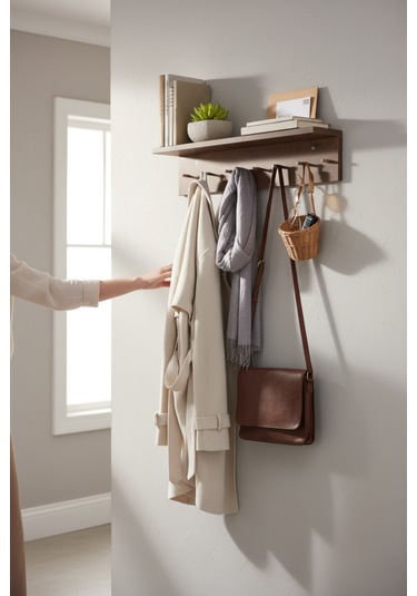 Ahşap Askılık Raflı 70x14 Ve 50x14 Mutfak, Antre, Banyo, Ofis, Mağaza, Çocuk Ve Yatak Odası Ceviz