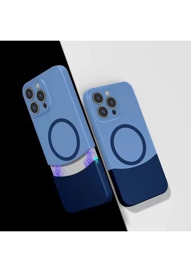İphone Uyumlu 15 Pro Kılıf Magsafe Şarj Kartlıklı Mıknatıslı Duble 1.7mm Kapak Kart Bölmeli Lacivert
