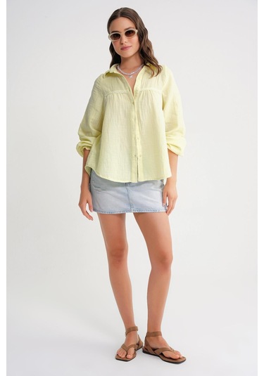 4677 Kadın Dantel Detaylı Müslin Gömlek Tereyağı Sarısı Tereyağı Sarısı