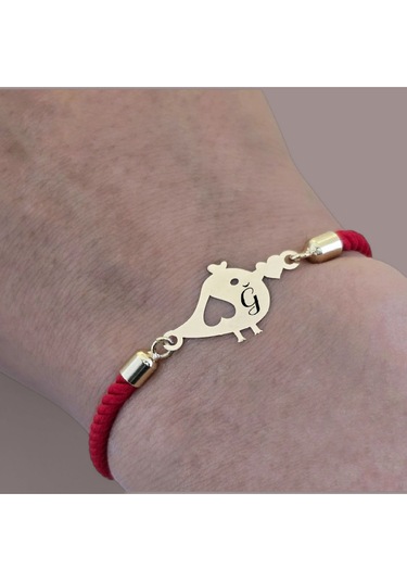 Archin Ğ Harfine Özel Kırmızı Örgülü 14 Ayar Altın Plakalı Minik Kuş Motifli Hediye Bileklik-363harf Ğ