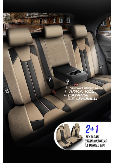 Bej - Siyah Panda Carlone Serisi Ful Deri Oto Koltuk Kılıfı - Tam Set
