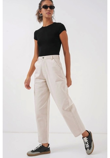 Defymoda 6703 Yüksek Bel Kot Pantolon - Ekru Ekru