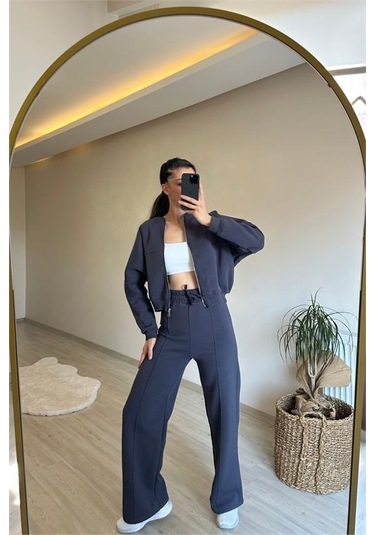 Neşeli Butik Kadın Fermuarlı Oversize Sweat Ve Yüksek Bel Eşofman Takımı Nm018 Antrasit