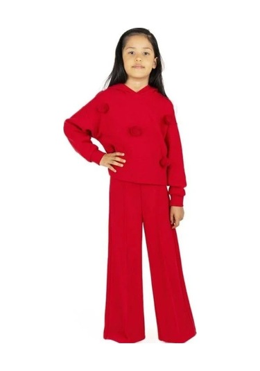 Kız Çocuk Kapüşonlu Ponponlu Sweatshirt-13496 Kırmızı