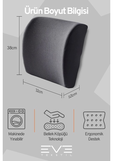 Eve Tekstil Oto Araç Sandalye Ofis Minderi Ortopedik Bel Minderi Fermuarlı Ortopedik Visco Sırt Yastığı