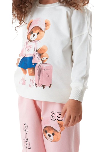 Kız Çocuk Ayıcık Yazı Desenli Ekru Renk Eşofman Takımı