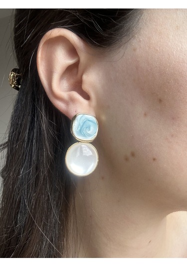 Turkuaz Mineli Çift Motif Küpe Altın