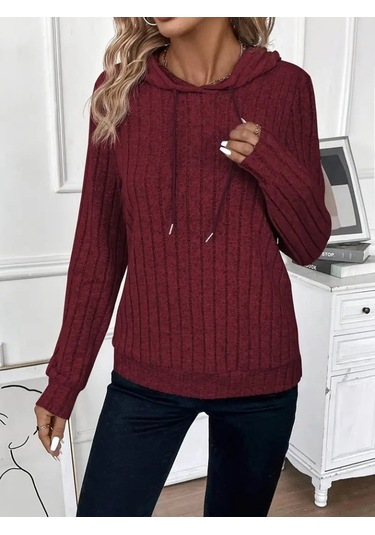 Sensuelle Kadın Uzun Kollu Kapşonlu Bağcıklı Şardonlu Kaşkorse Bluz Bordo