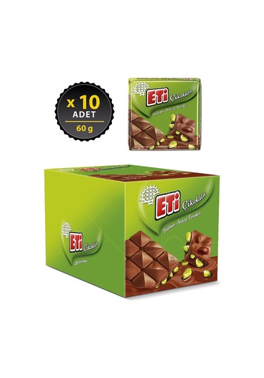 Eti Bütün Antep Fıstıklı Kare Çikolata 10 x 60 G