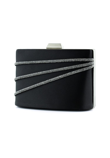 Erkan Saçmacı Siyah Saten Taşlı Gümüş Metal Saplı Zincir Askılı Abiye Çanta Siyah