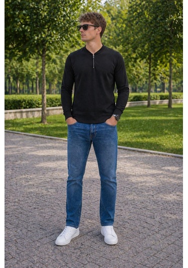 Alexandergardi Hakim Yaka Yarım Fermuarlı Erkek Sweatshirt Siyah