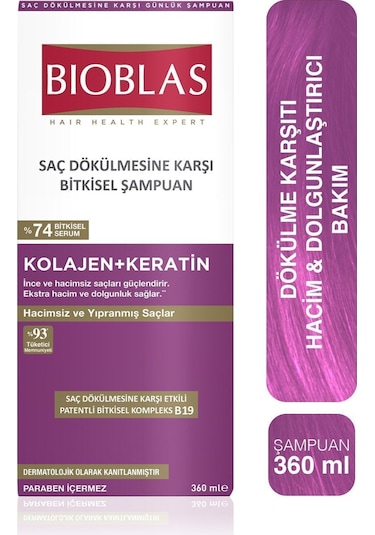 Bioblas Keratin & Kolajen Onarıcı Dolgunlaştırıcı Saç Bakım Şampuanı 360 Ml İnce ve Yıpranmış Saçlar