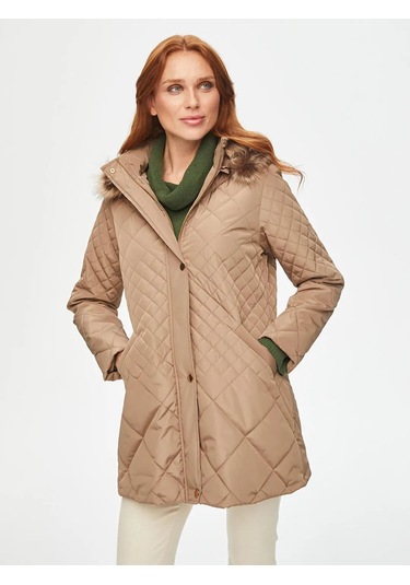 Faik Sönmez Kürk Kapüşonlu Kapitone Kadın Kaban B00041 Bej