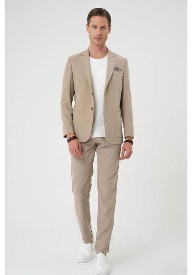 Slim Fit Torba Cep Spandex Karışımlı Casual Bej Ceket C 714 Bej
