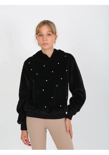 Kız Çocuk Peluş Taşlı Kapüşonlu Sweatshirt-14826 Siyah