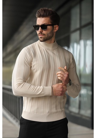 Taş Rengi Yarım Balıkçı Erkek Triko Kazak E7423 Taş Rengi