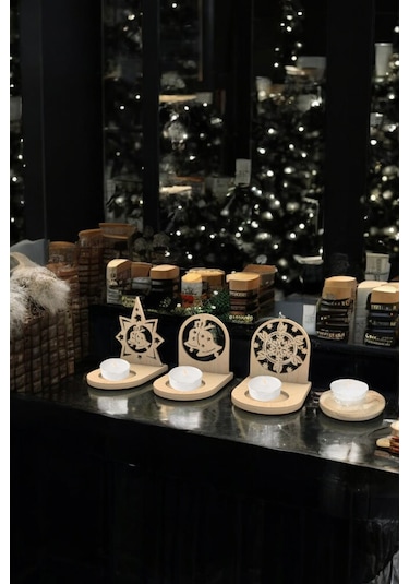 Yılbaşı Temalı Mumluklar - 3'lü Set - Ahşap