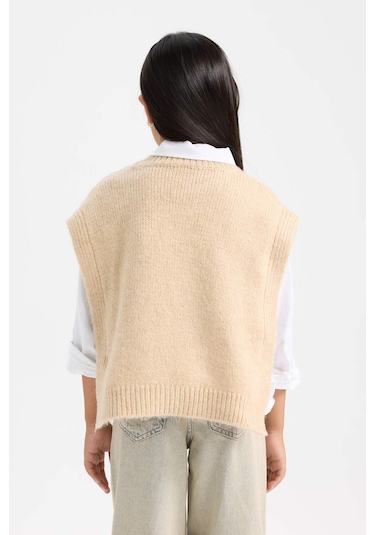 DeFacto 	Kız Çocuk Bisiklet Yaka Saç Örgüsü Desenli Triko Süveter C9659A824WNBG588 Bej