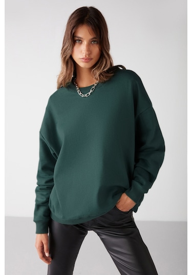 Susana Kadın Bisiklet Yaka Içi Polarlı Oversize Fit Basic Koyu Yeşil Sweatshirt