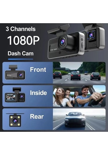 Fortunelane A98 Siyah 3 Kameralı Araç Dvr - 1080p Full Hd, Gece Görüş, Döngü Kayıtlı, Çarpışma Kilidi, 2 Ips Ekran Hafıza Kartı