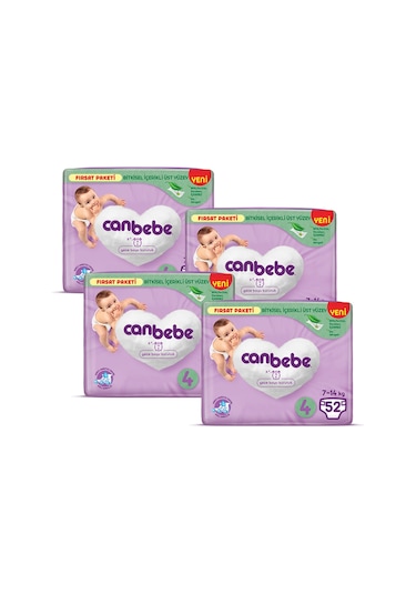 Canbebe Bebek Bezi Fırsat Paketi 4 Beden Maxi (7-14 Kg) 52 li x 4 Adet 4'lü