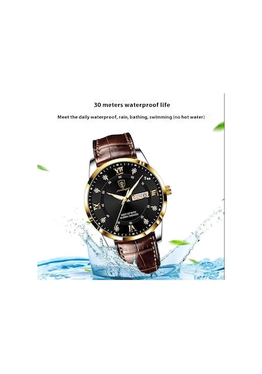 Poedagar 836 Aydınlık Çift Takvim Erkek Saati Gümüş Kabuklu Siyah Deri Kemer