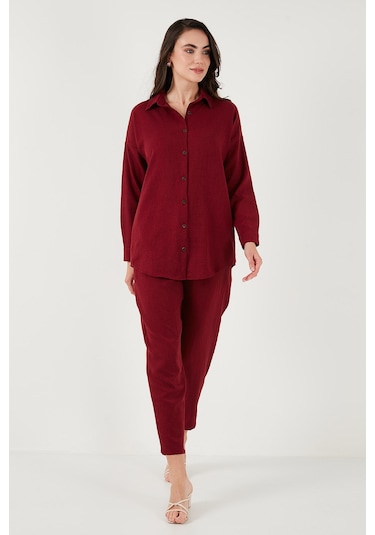 Lela Keten Karışımlı Regular Fit Lastikli Bel Uzun Kollu Alt Üst Bayan Takım 6696622 Bordo