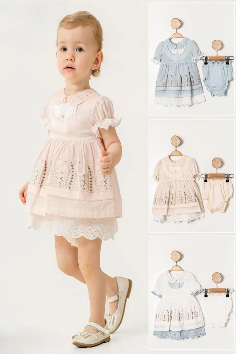 Kız Bebek Mavi Çiçek İşlemeli Fistolu Elbise Kilotlu Takım-1351 Mavi