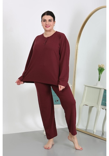 Akbeniz Kadın Büyük Beden Uzun Kol Penye Pijama Takımı Bordo 202501 Bordo