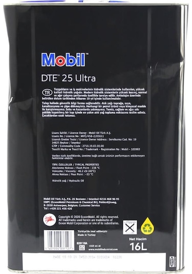Mobil Dte 25 Ultra Iso Vg 46 Üstün Performanslı Hidrolik Yağı 16 L